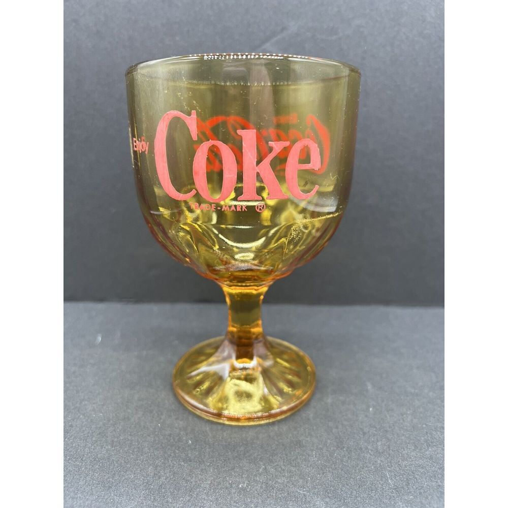 Vintage Enjoy Coca-Cola Coke Goblet Amber Yellow Glass w/ Red Lettering  - #154‎